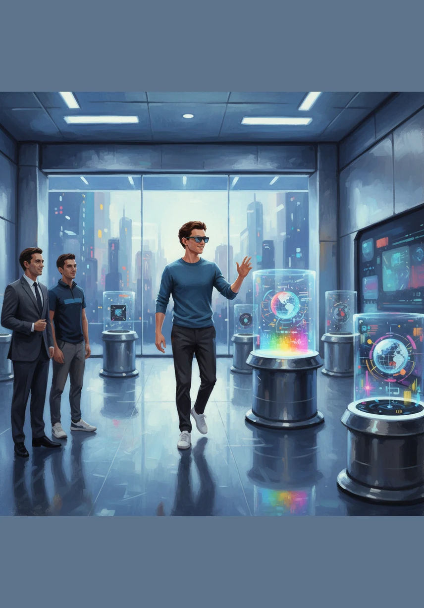 Alex smiles, impressed by the seamless and natural interaction, and moves toward the next exhibit. The showroom feels alive with possibility, where every object holds a secret digital story waiting to be unlocked with a simple touch.