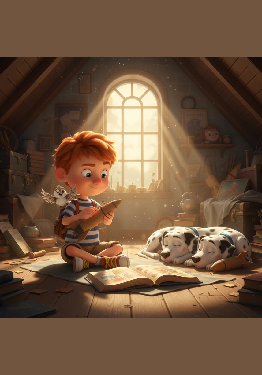 Oliver discovers a weathered, leather-bound sketchbook hidden beneath a pile of old trunks in the attic. As his fingers brush the golden lock, the book emits a soft, inviting glow that illuminates the dusty room and fills his heart with curiosity.