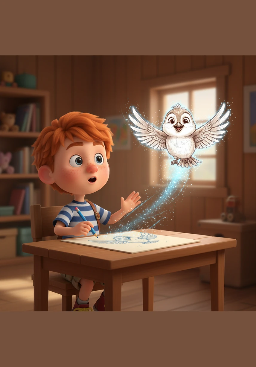 With a quick stroke of his blue pencil, Oliver sketches a small, cheerful bird on the creamy paper. Suddenly, the drawing twitches, chirps softly, and takes flight, circling his head in a flurry of animated ink and sparkling light.