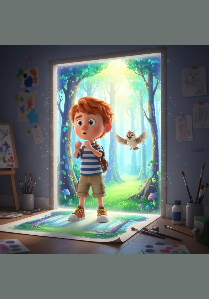 Oliver paints a magnificent gateway leading into a sun-drenched forest filled with towering, bioluminescent trees. He takes a deep breath and steps through the page, feeling the soft grass beneath his feet as he enters a world born entirely from his own mind.