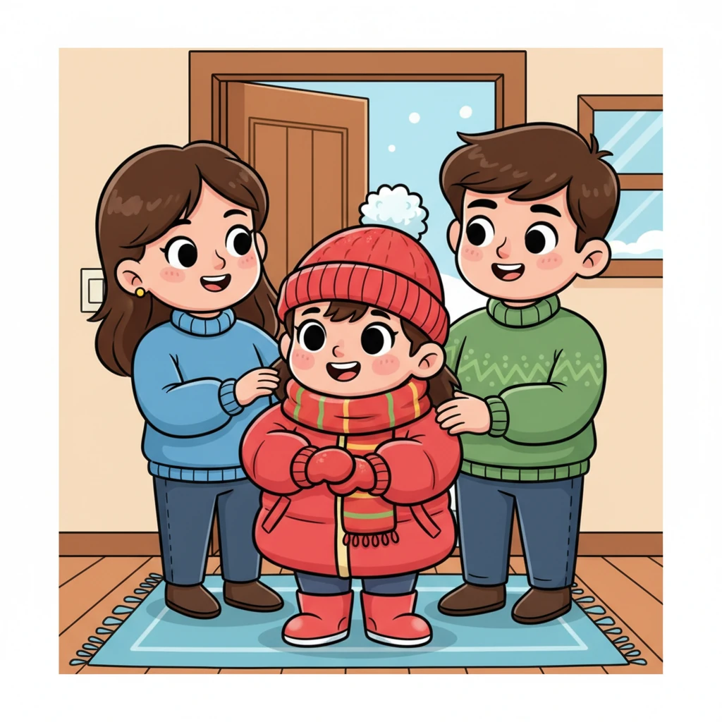 Аязхан қалың қызыл күртешесін, жұмсақ бөрігін және жылы қолғаптарын киіп, далаға шығуға дайындалды. Оның жүзінде қуаныш пен толқу жарқырап тұрды. Ата-анасы оған жылы жүзбен қарап, далада абай болуды ескертті.