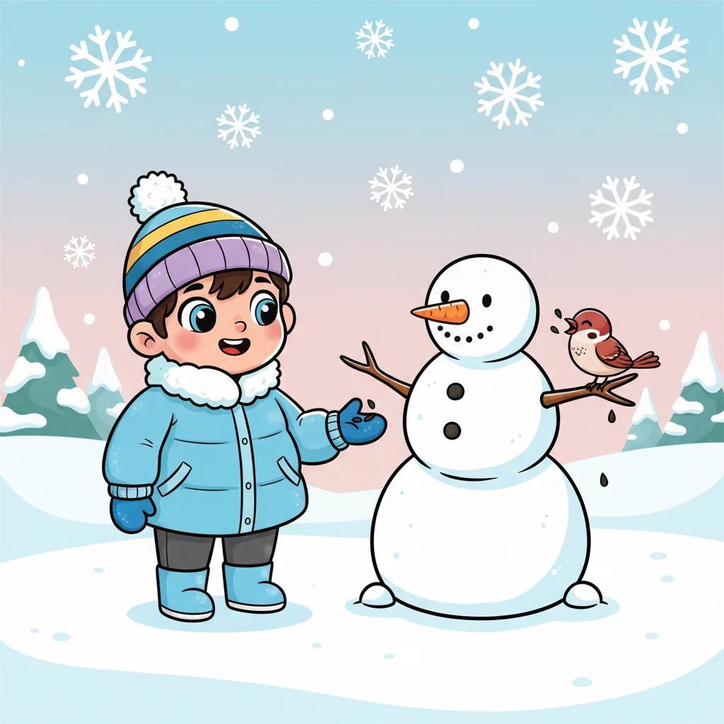 Кенеттен, қызыл төсті кішкентай торғай Аязханның қар адамына жақын келіп, әсем ән шырқады. Аязхан күлімсіреп, оған бірнеше тұқым ұсынды. Торғай қуанып, тұқымдарды жей бастады.