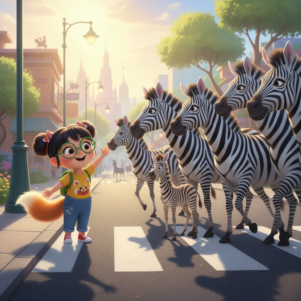 乐乐首先来到了斑马大道，看到一群斑马正在忙碌地过马路，他们黑白相间的条纹在阳光下格外醒目。一只小斑马好奇地探出头，跟乐乐打了个招呼。