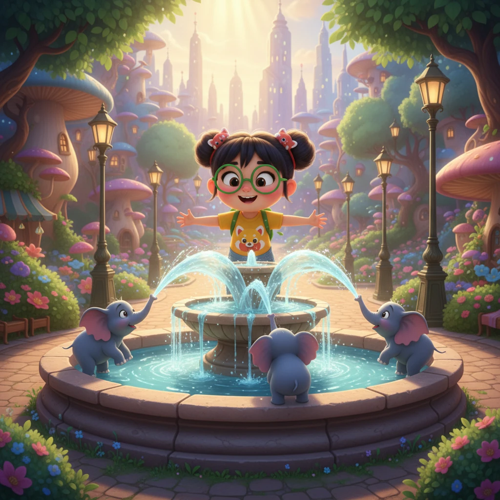 接着，乐乐路过大象喷泉广场，几只小象正在喷泉里嬉戏，用长长的鼻子互相喷水，发出欢乐的叫声。乐乐也忍不住被这欢快的氛围感染，笑弯了眼睛。