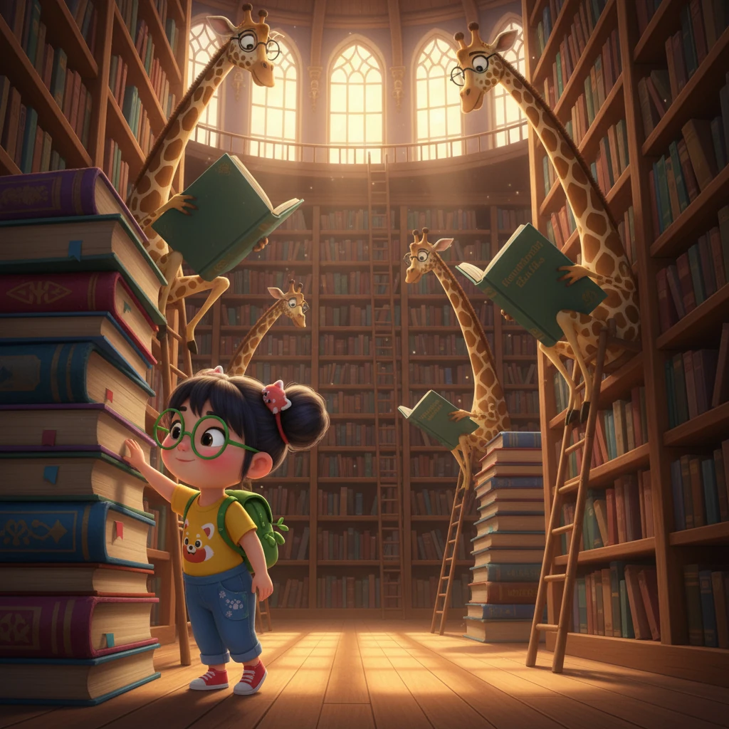 他走进长颈鹿图书馆，高大的长颈鹿们正在安静地阅读着高高的书架上的书籍。乐乐小心翼翼地走着，生怕打扰到这些爱学习的朋友。