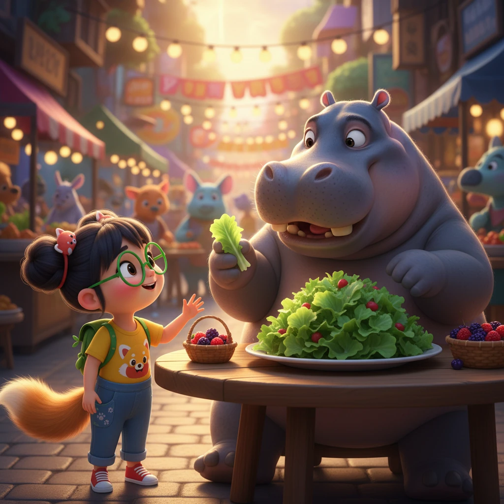 午餐时间，乐乐在美食街遇到了大胃王河马。河马叔叔正在享用一大盘绿叶沙拉，吃得津津有味，还热情地邀请乐乐一起品尝新鲜的浆果。