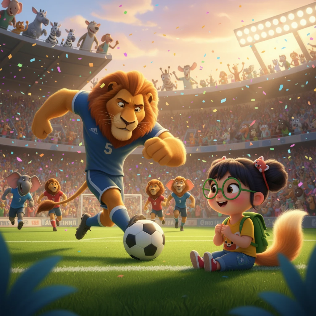 下午，乐乐来到狮子体育场，看到英勇的狮子们正在进行一场激动人心的足球比赛。他们强壮的身躯在草地上奔跑，每一次射门都引来阵阵喝彩。