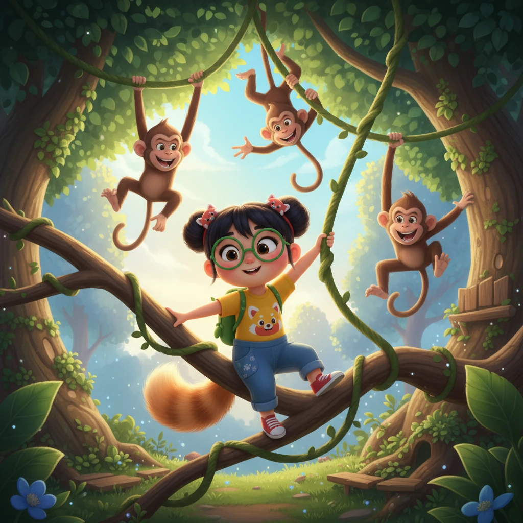 在猴子游乐园，调皮的猴子们在树藤上荡来荡去，发出吱吱的笑声。乐乐也尝试着爬上低矮的树枝，感受了一下空中飞跃的乐趣。