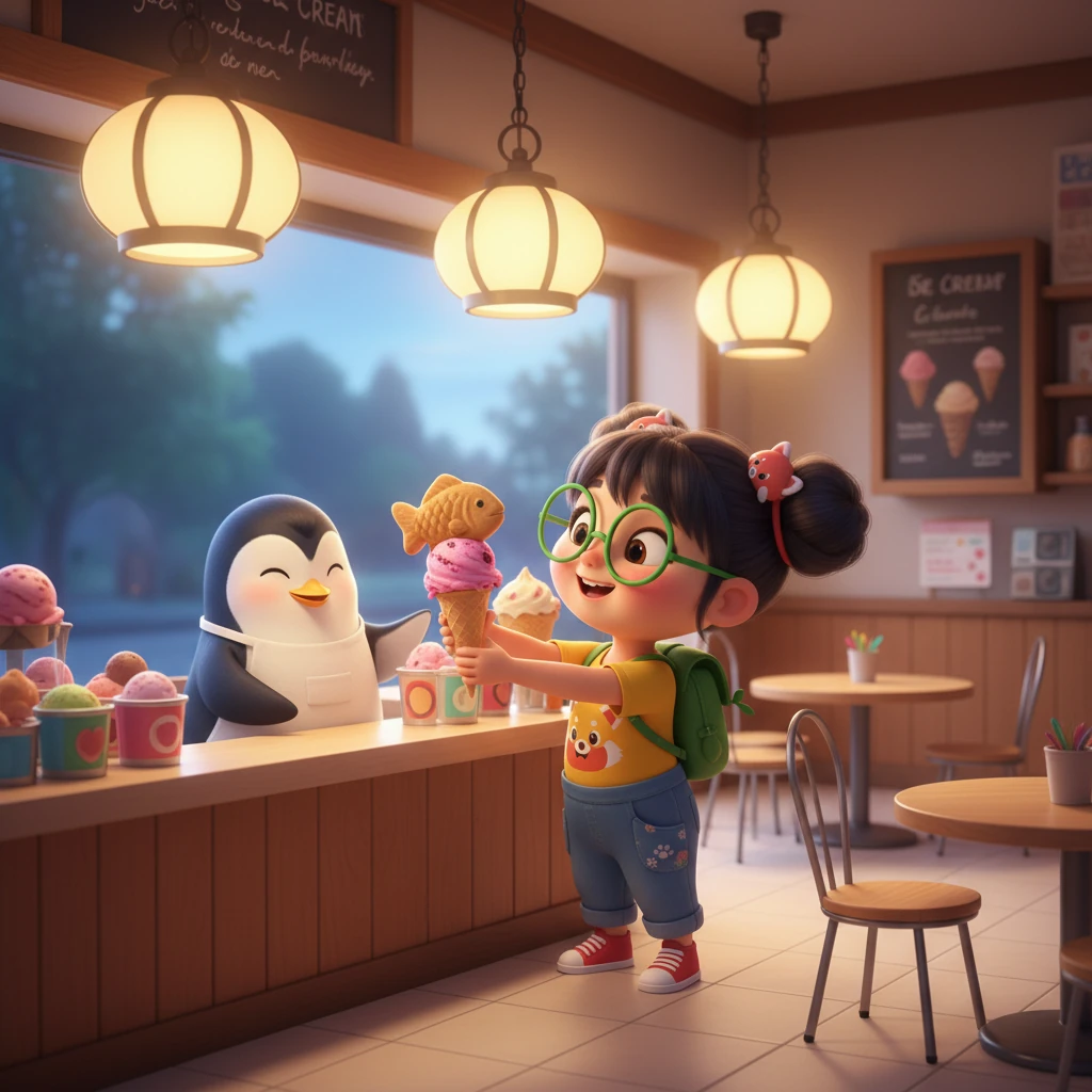 傍晚，乐乐来到了企鹅冰淇淋店，点了一份他最爱的浆果冰淇淋。企鹅店员热情地为他服务，还送给他一块可爱的鱼形饼干。