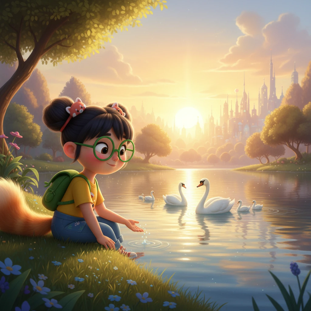 夕阳西下，乐乐坐在湖边，看着天鹅妈妈带着小天鹅在湖中优雅地划水。他回想着今天遇到的所有动物朋友，心里充满了温暖和感激。