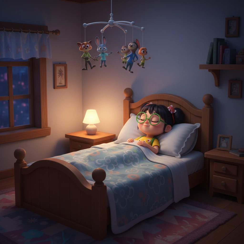 夜幕降临，乐乐回到了家，躺在柔软的床上。他闭上眼睛，脑海里依然回荡着奇妙动物城一天的精彩瞬间，期待着下一次的冒险。