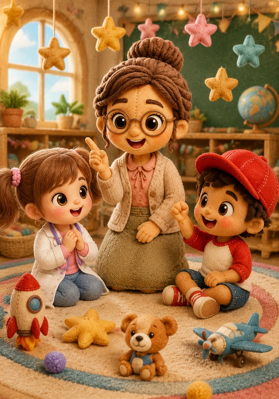 La maestra Clara reúne a todos en el aula decorada con estrellas y les propone un juego emocionante. Hoy, cada niño podrá convertirse en el profesional que siempre ha soñado ser, usando su imaginación y mucha alegría.