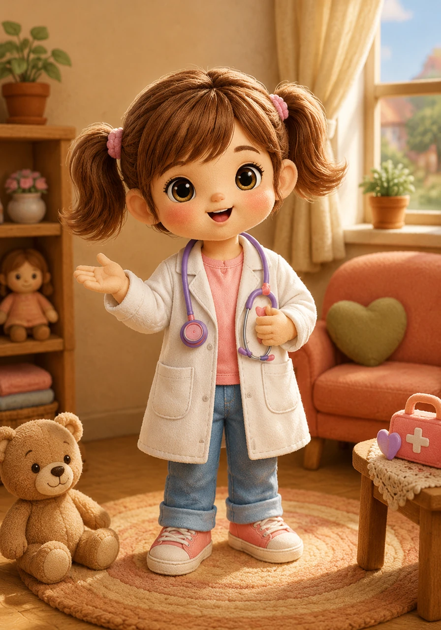 Sofía, con una bata blanca impecable y un estetoscopio de juguete, se presenta como la futura doctora del pueblo. Con ternura, explica que su mayor deseo es cuidar a las personas y asegurarse de que todos crezcan sanos y fuertes.