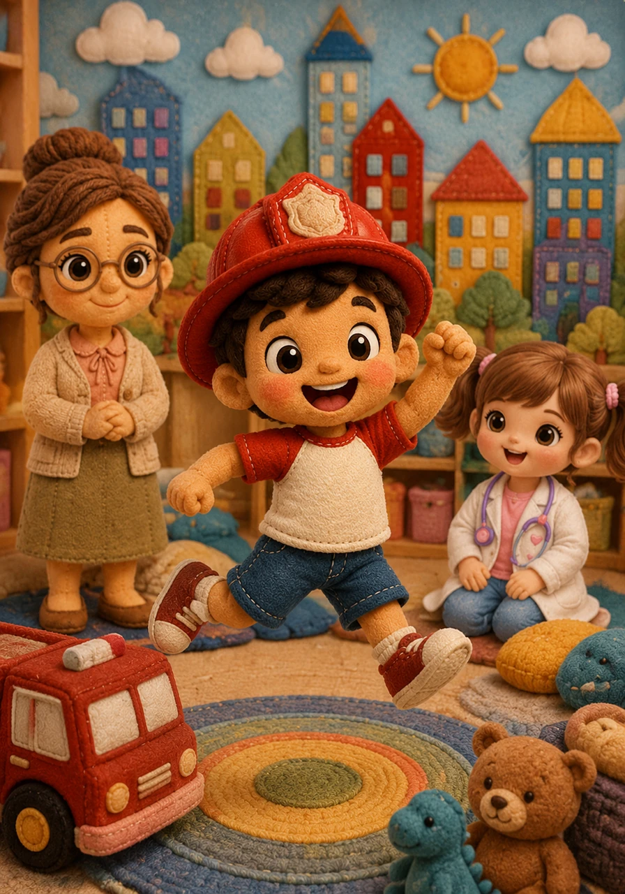 Mateo se ajusta un casco rojo brillante y salta de emoción al declarar que será un valiente bombero. Imagina que conduce un camión rojo por las calles de Sueñolandia, listo para apagar incendios y rescatar a quien lo necesite.