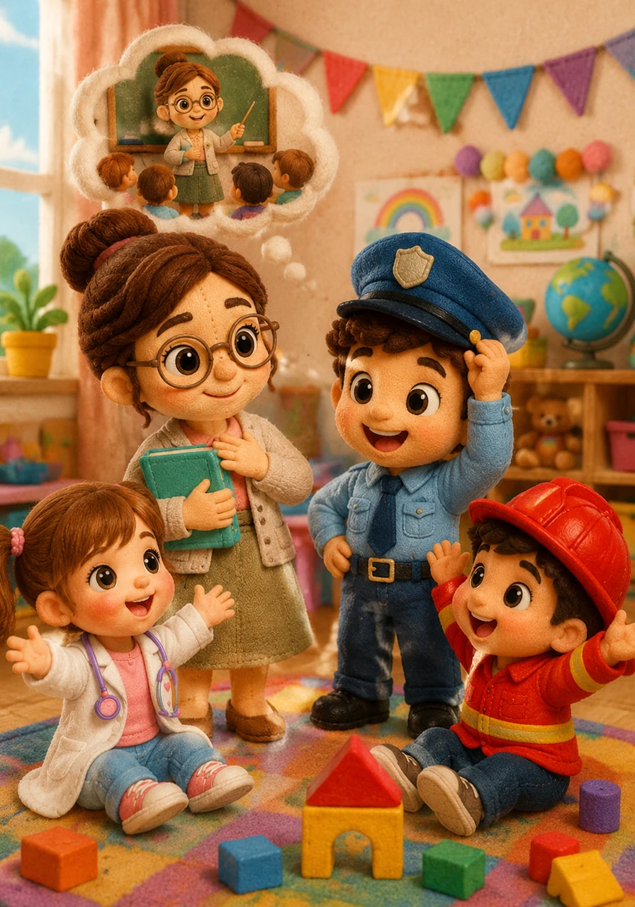 Valeria sostiene un libro con orgullo mientras sueña con ser profesora, y Tomás se pone una gorra azul para vigilar la seguridad como policía. El salón se llena de risas y de pequeños profesionales listos para cambiar el mundo.