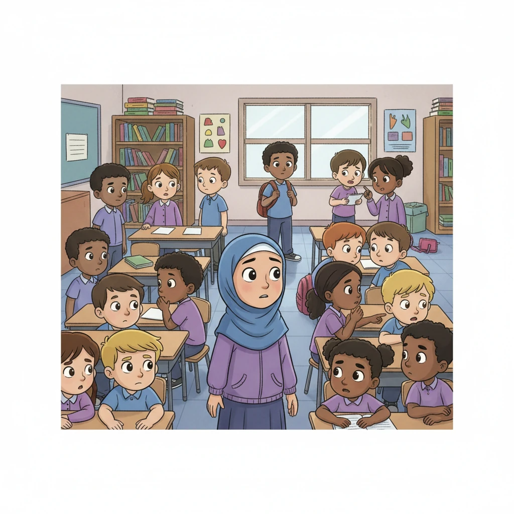 Di dalam kelas yang ramai, Asma, seorang siswi berjilbab yang cerdas, merasa suasana tegang. Perbedaan agama dan latar belakang mulai memicu ketegangan di antara teman-temannya. Ia melihat beberapa temannya terlihat tidak nyaman dan menjauhi satu sama lain.