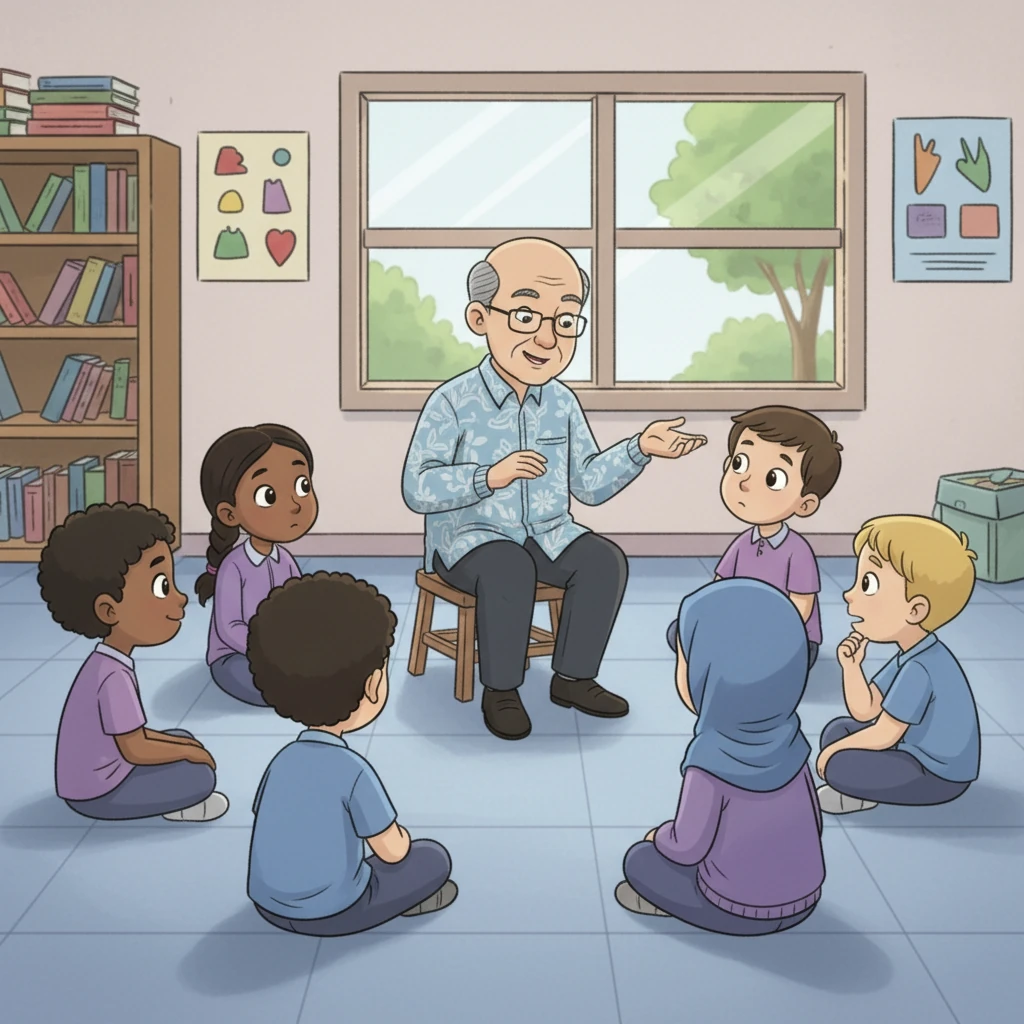 Pak Guru Hasan, guru PAI yang bijaksana, memperhatikan masalah yang ada. Ia mengajak murid-muridnya untuk duduk bersama dan berbagi pikiran. Pak Guru Hasan memulai diskusi tentang pentingnya menghargai perbedaan.