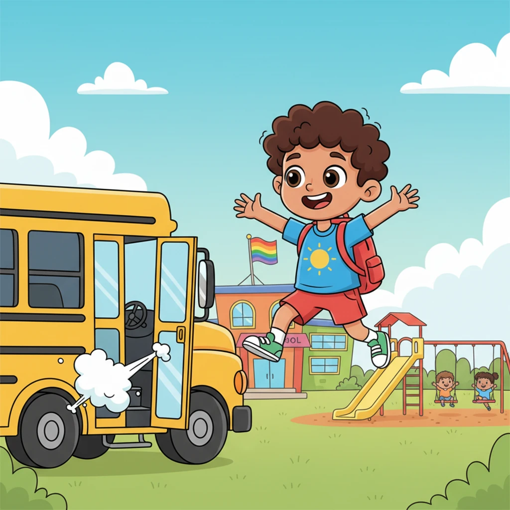 The big yellow school bus pulled up with a cheerful hiss, and out bounced Leo, his backpack practically bouncing with him. His eyes, wide with wonder, took in the colorful school building and the bustling playground. Today was going to be an exciting day, he just knew it!