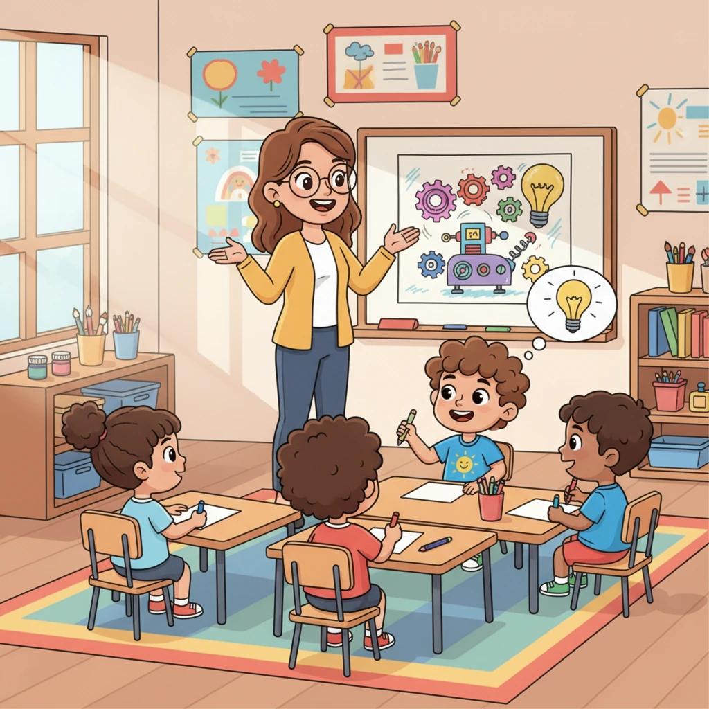 Inside the classroom, Ms. Lily smiled warmly as she announced a special "Dream Machine" art project. She explained that everyone would design a fantastic machine that could do anything they wished. Leo's imagination immediately started buzzing with gears and gadgets.