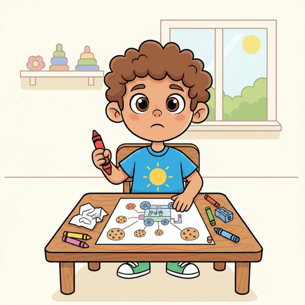 Leo sat at his desk, crayon in hand, trying to draw his magnificent flying-cookie-making machine. But the wheels looked wobbly, and the cookies seemed to float away from the machine itself. A tiny frown appeared on his usually cheerful face as he crumpled another piece of paper.