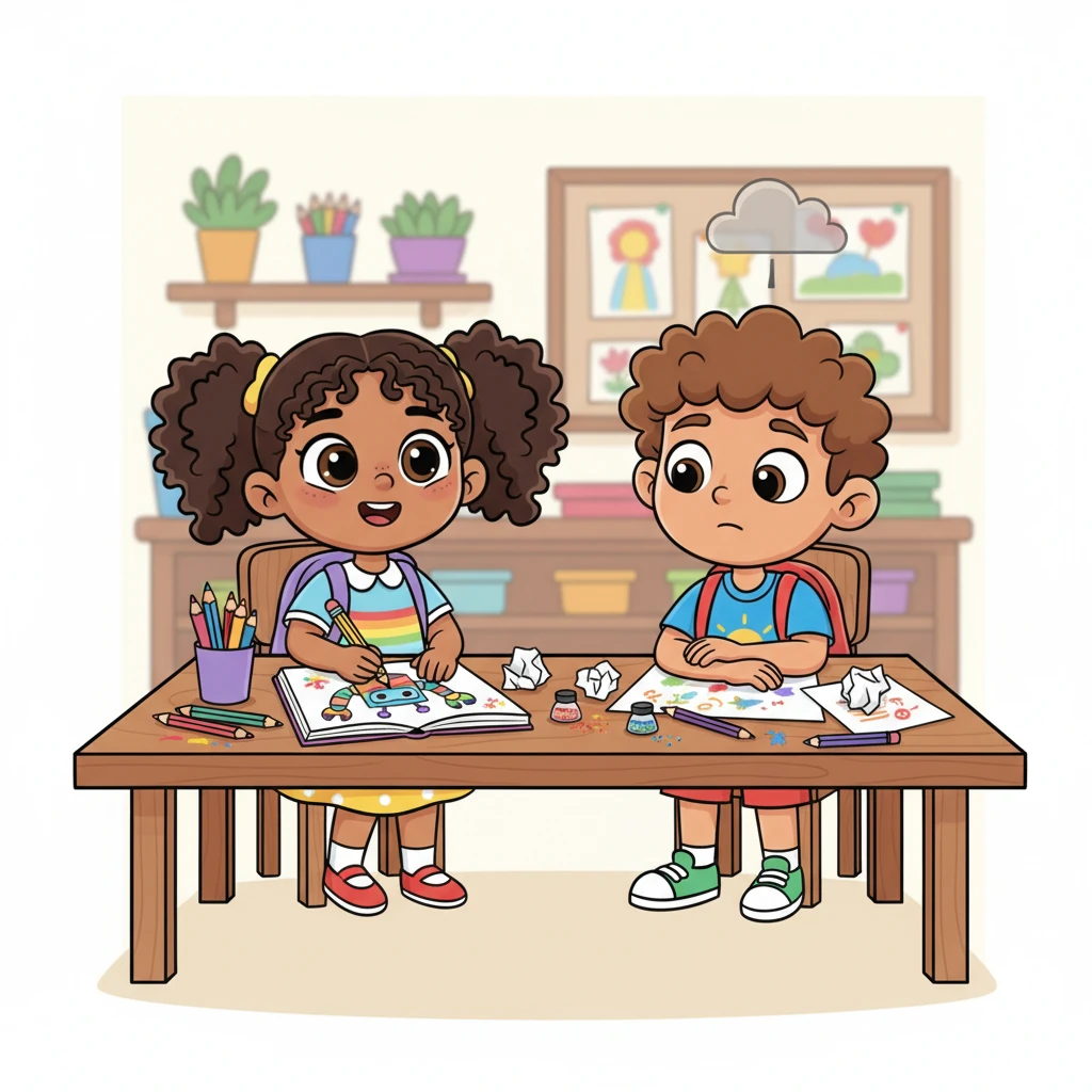 Across the table, Maya was expertly sketching a brilliant rainbow-painting robot, its lines smooth and confident. Leo watched her nimble fingers, wishing his drawings could look so perfect. He felt a little shadow creep over his bright ideas.