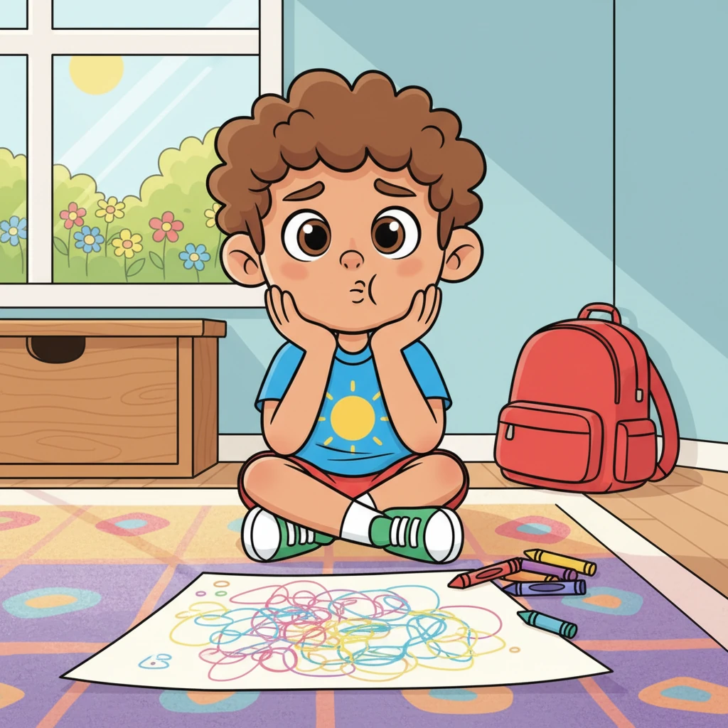 A sigh escaped Leo as his cookie machine still looked more like a squiggly cloud. He rested his chin on his hands, feeling a bit discouraged. Maybe his dream machine was too big and complicated for his crayons to capture.