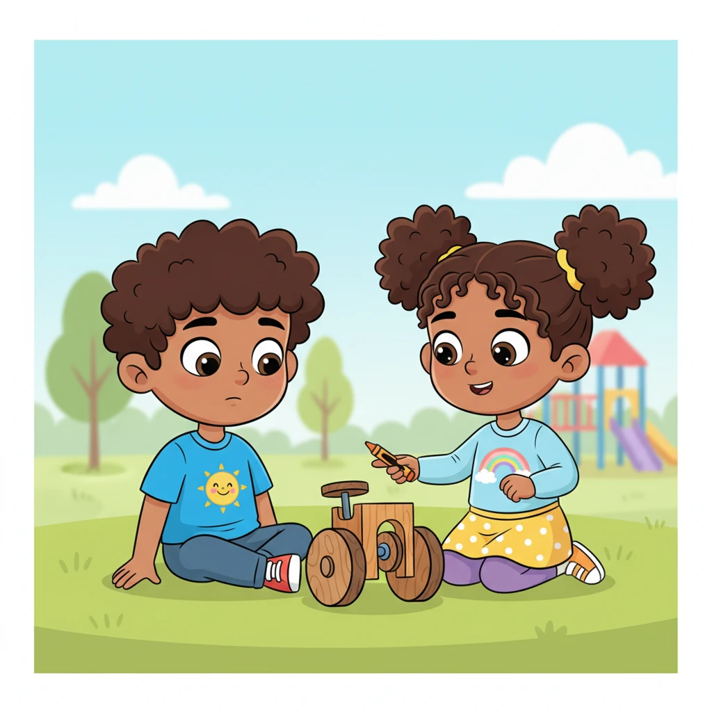 Suddenly, a gentle tap came from beside him. It was Maya, holding out a bright orange crayon. "Sometimes, a different color helps," she whispered, pointing to his wobbly wheels. "What if your machine has super-springy wheels that bounce?"