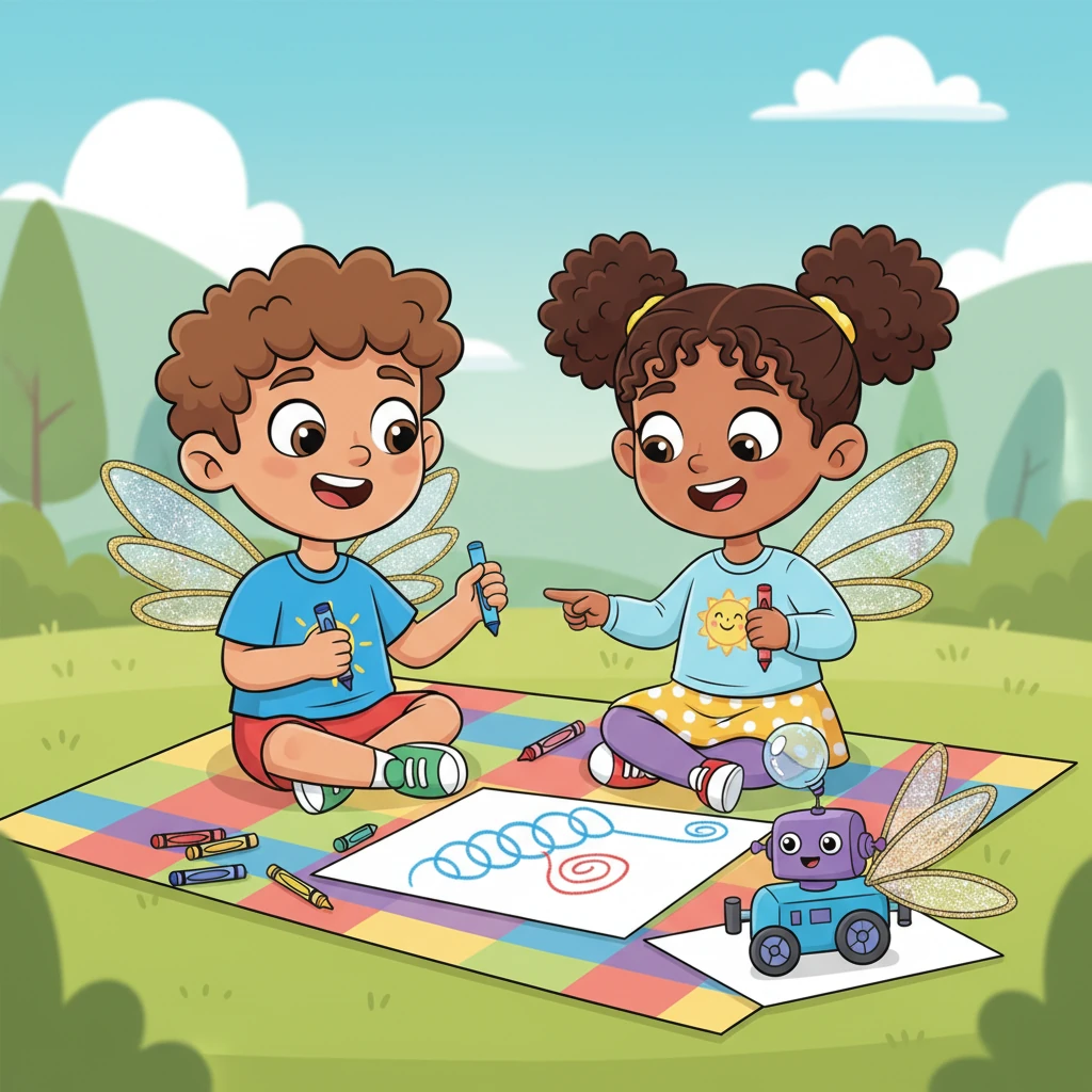 Leo's eyes lit up, and he took the crayon. As Maya showed him a trick for drawing bouncy springs, they both giggled. Soon, they were sharing ideas, adding a bubble-blower to Maya's robot and glitter-wings to Leo's machine.
