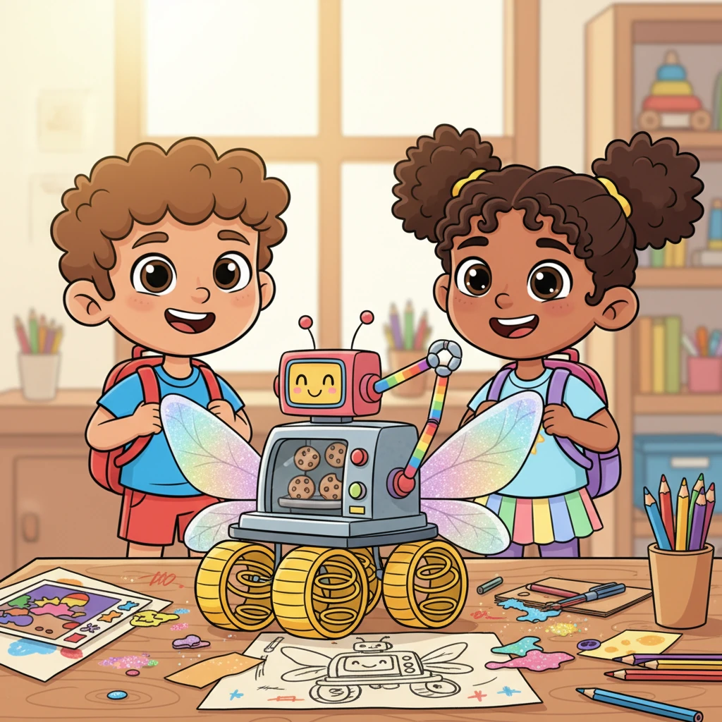 Together, their combined efforts transformed Leo's simple drawing into a spectacular flying-cookie-making machine with springy wheels and glittery wings. Maya's rainbow robot now had a little helper arm that could serve the cookies! Their desk was a riot of color and happy scribbles.