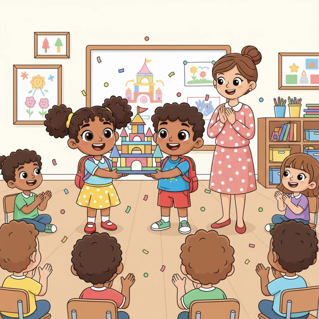 When it was their turn, Leo and Maya proudly stood before the class, holding up their magnificent creations. Ms. Lily clapped, and their classmates cheered for the incredible teamwork and imagination they had shown. Leo felt a warm glow of happiness spread through him.