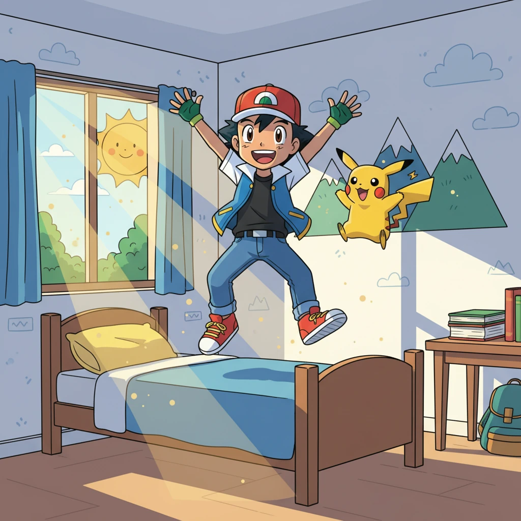 小智，一个充满活力的小男孩，梦想成为一名宝可梦大师。清晨，他兴奋地从床上跳起来，准备开始他的冒险。阳光透过窗户洒在他身上，预示着美好的一天。