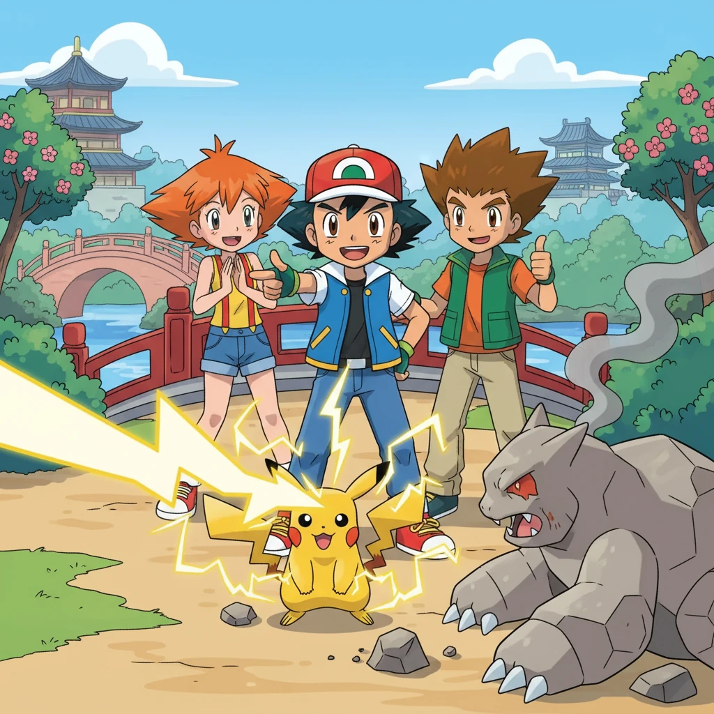 在一次激烈的战斗中，小智的皮卡丘展现了强大的力量，战胜了强大的对手。小智和小霞、小刚互相鼓励，他们的团队合作帮助他们赢得了胜利。