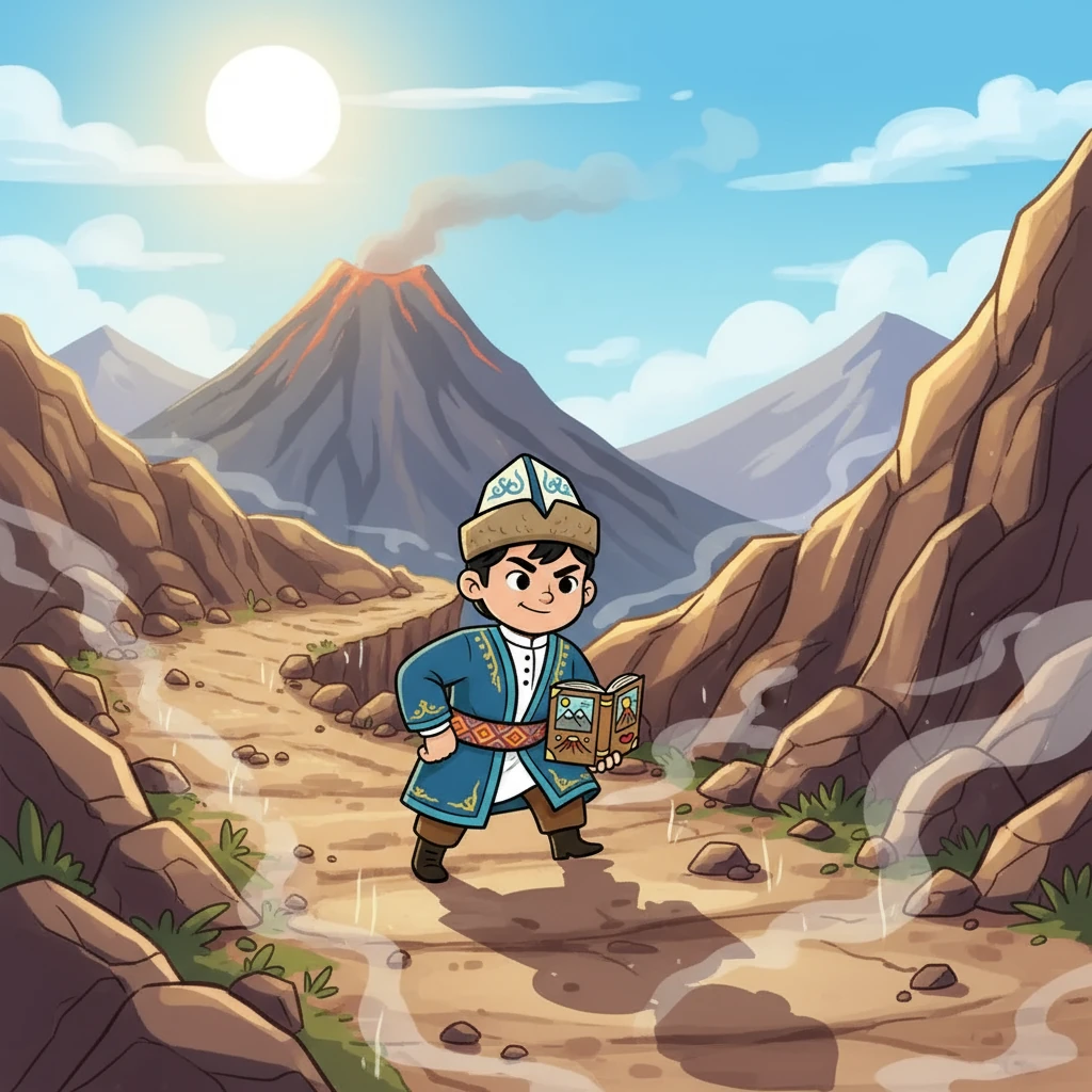 Самат тауға қарай жолға шықты. Күн ыстық, жол қиын болды, бірақ Саматтың жанартауды көруге деген құштарлығы оны алға жетеледі. Ол таудың басына көтеріле бастады.