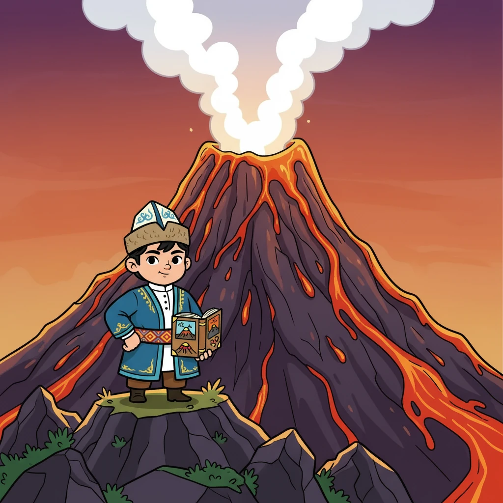 Таудың басына жеткенде, Самат үлкен жанартауды көрді. Оның аузынан бу шығып жатты, ал таудың беткейлерінде лава ағып жатты. Бұл таңғажайып көрініс еді.