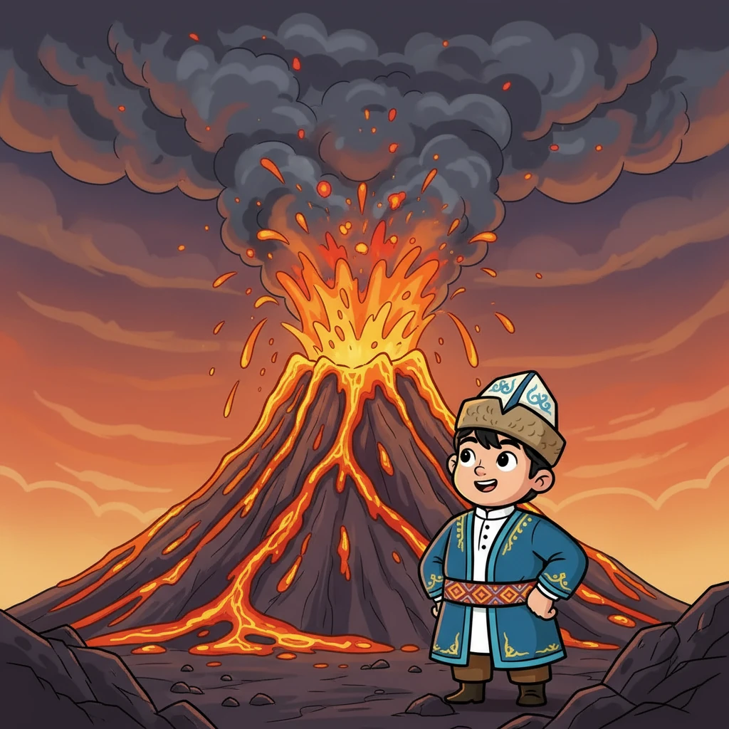 Самат жанартаудың жанына барып, оның қалай атқылайтынын бақылады. Ол лаваның ағып жатқанын, күлдің аспанға көтеріліп жатқанын көрді. Бұл ерекше және қызықты болды.