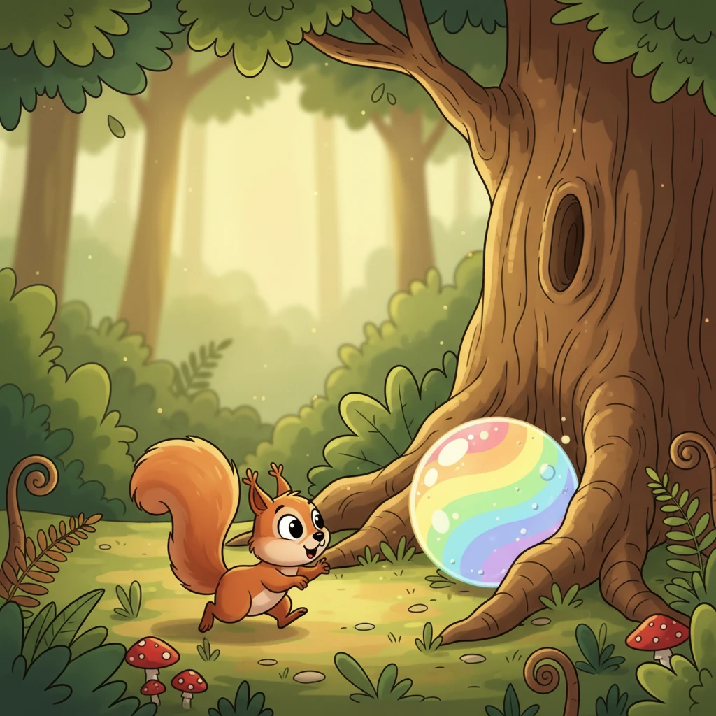 Pip, a tiny squirrel with bright, curious eyes, scampers through a sun-dappled forest. He suddenly stops, his bushy tail twitching with excitement, as he spots a peculiar, shimmering, rainbow-colored orb nestled among the roots of an old oak tree. It looks soft and bouncy, unlike anything he's ever seen.