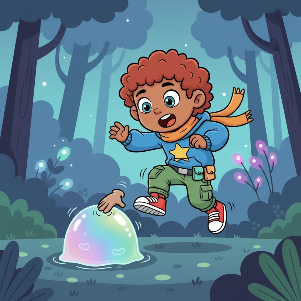 Pip cautiously approaches the strange orb, his nose wiggling with curiosity. He pokes it gently with a tiny paw, then jumps back in surprise as it wobbles and bounces a little, making a soft, squishy sound. His eyes widen in wonder.