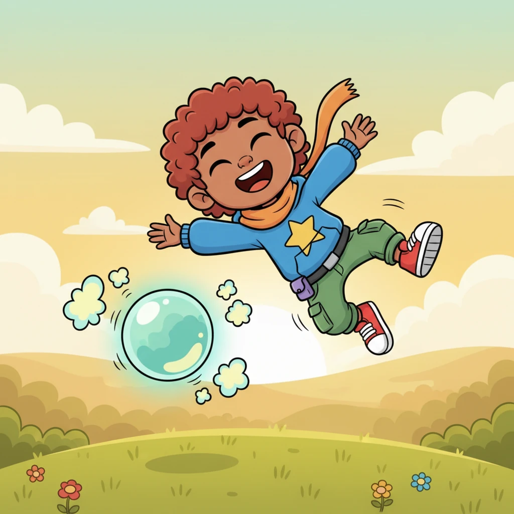 Growing bolder, Pip gives the orb a bigger poke. This time, it lets out a series of funny, bubbly sounds: "Hhxg! Hggvg! Cccvv!" Pip tumbles backward in a fit of giggles, delighted by the unexpected noise. He realizes the orb is not scary, but wonderfully silly!