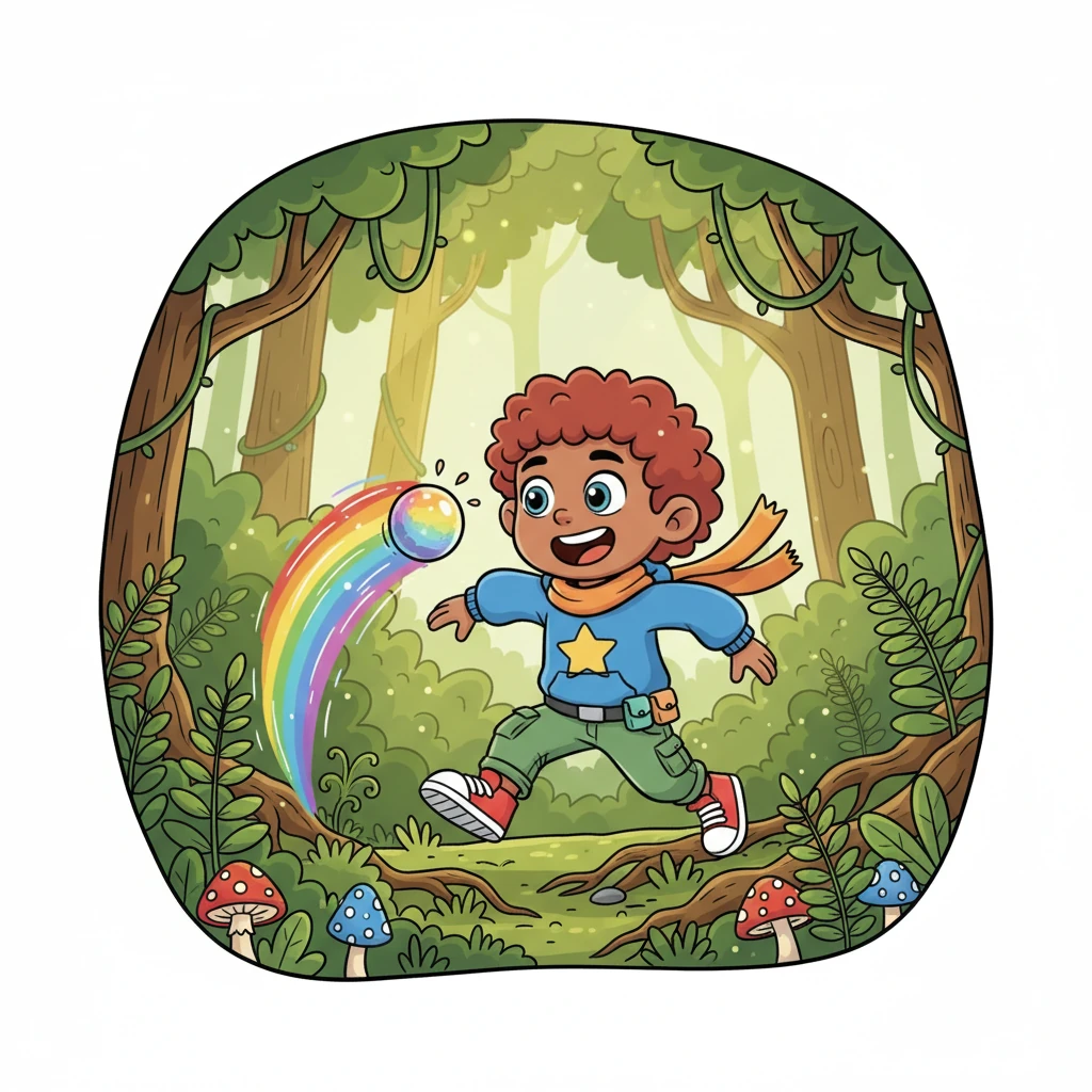 Deciding this new friend needs an adventure, Pip nudges the bouncy orb with his head. It rolls and bounces ahead of him, a rainbow blur through the green undergrowth. Pip chases after it, his heart thumping with joy, guiding it deeper into the playful forest.