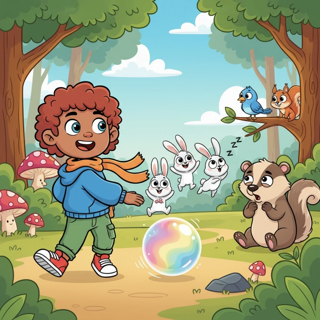 The bouncy orb rolls past a sleepy badger who blinks in astonishment and a family of wide-eyed bunnies who hop with delight. All the forest creatures watch Pip and his colorful companion, their faces filled with amusement and curiosity at the unusual parade.
