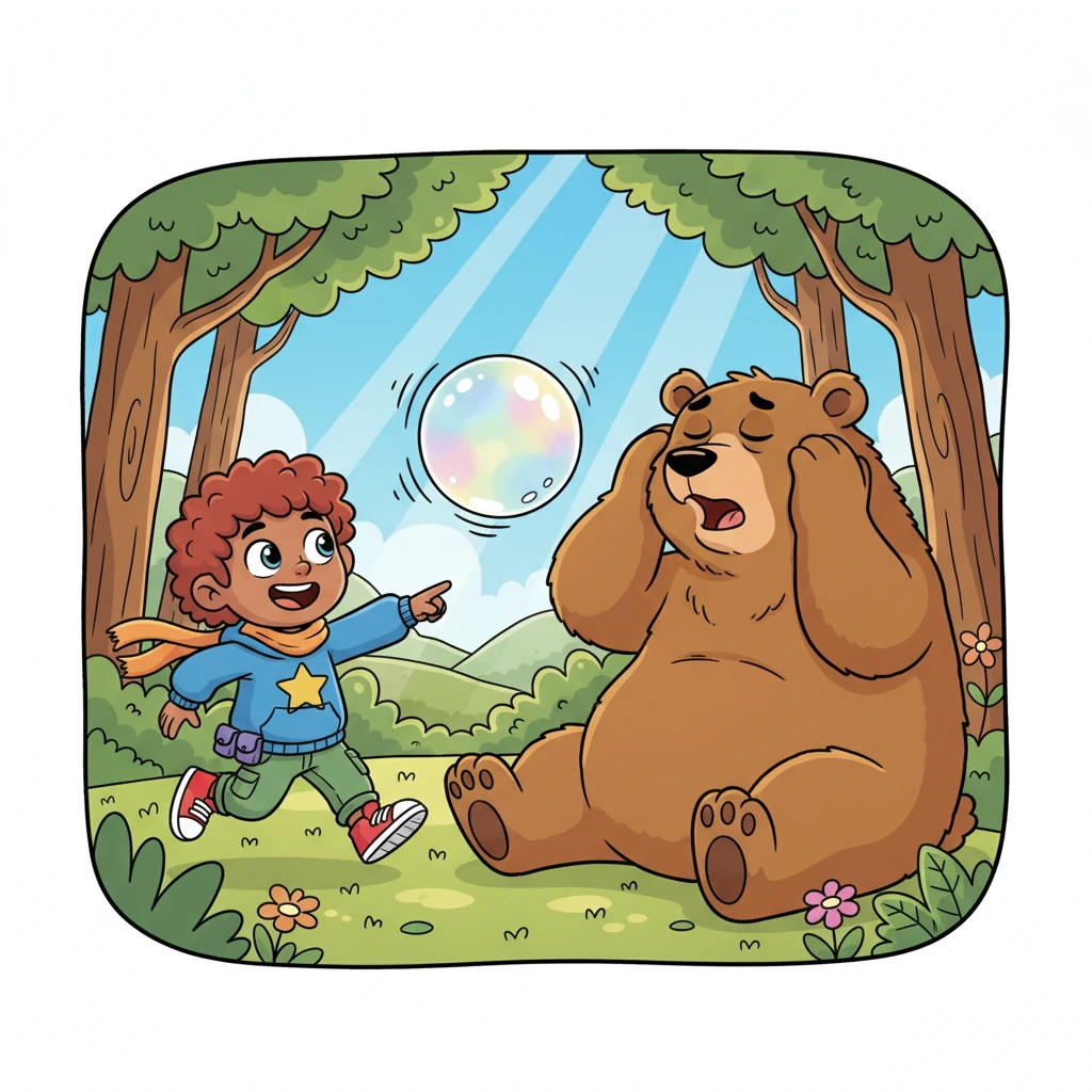 Pip and the bouncy orb burst into a sunny clearing where Barnaby, a gentle, giant bear, is peacefully napping. Barnaby wakes with a start, rubbing his eyes, utterly bewildered by the sight of the shimmering, noisy sphere bouncing towards him. He lets out a big, friendly yawn.