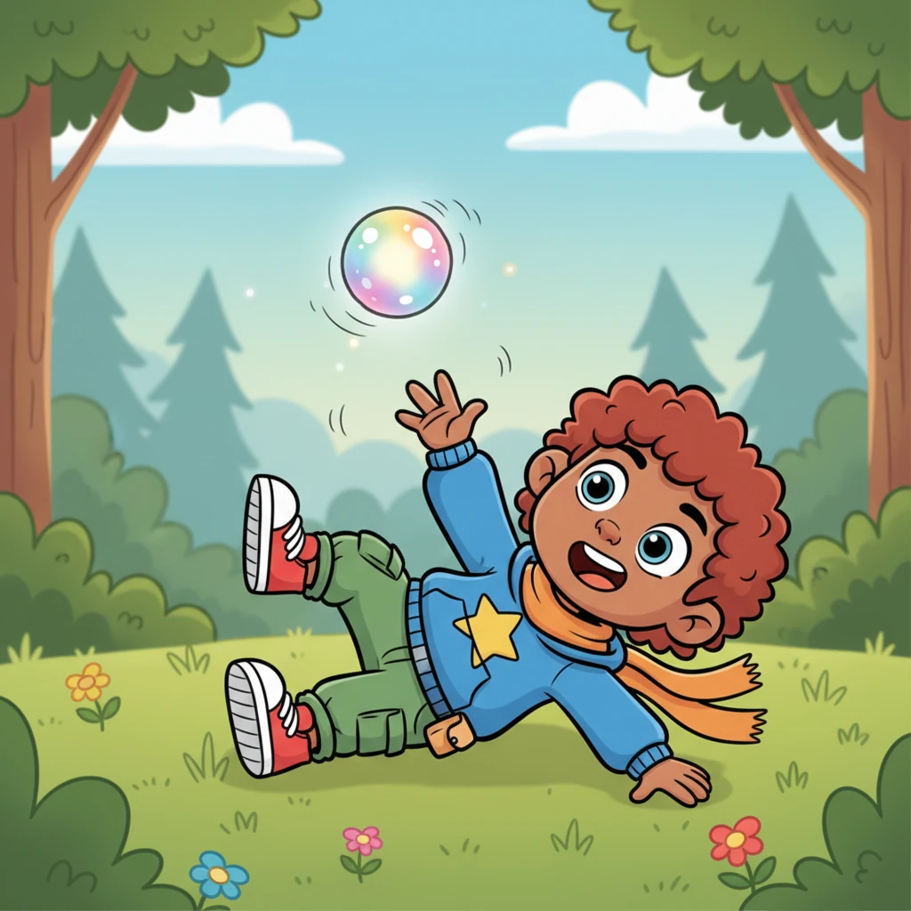 Barnaby, intrigued, tries to pick up the orb, but it's too bouncy and slips from his big paws. He stumbles over himself in a comical tangle of fur and limbs, landing with a soft thud. The orb bounces merrily around his head.