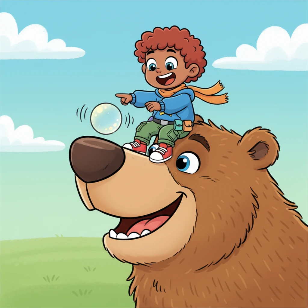 Pip squeaks with laughter, then quickly scurries onto Barnaby's nose. He shows the big bear how to gently tap the orb, making it bounce and sing its funny "Hhxg! Hggvg! Cccvv!" song. Barnaby's big face breaks into a wide, happy grin.