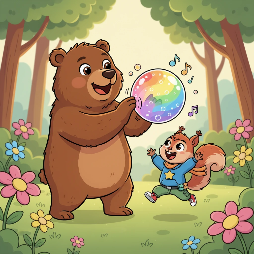 Together, the tiny squirrel and the giant bear play a lively game of bounce-and-tap with the colorful orb. Their joyful laughter echoes through the clearing as they make up silly new sounds to go along with the orb's bubbly tunes, enjoying their unexpected friendship.