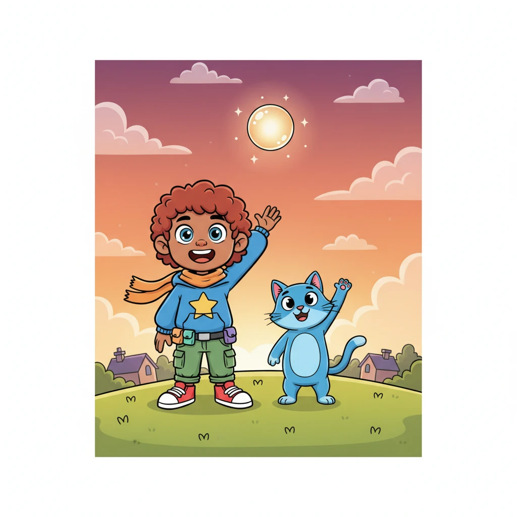 As the sun dips below the horizon, painting the sky in warm hues, the bouncy orb begins to glow even brighter. With a final, gentle "Hhxg!" it slowly floats upwards, higher and higher, until it twinkles like a star in the fading light. Pip and Barnaby wave goodbye, their hearts full of happy memories and new friendship.