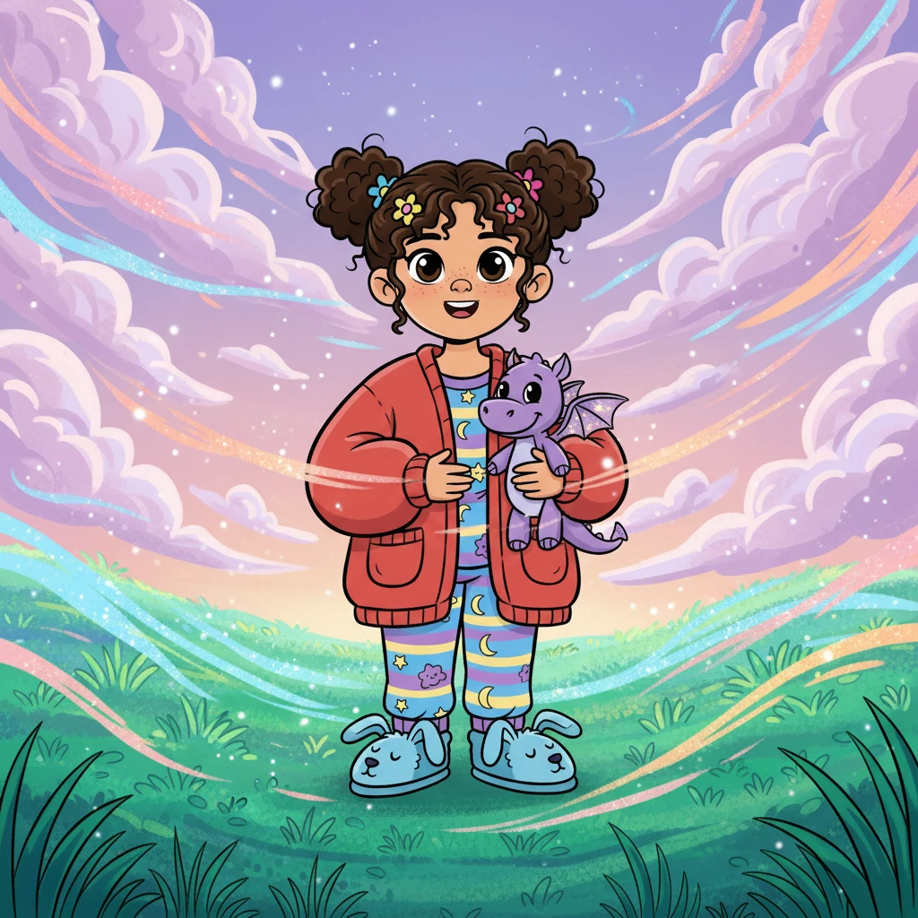 Suddenly, Poppy's meadow began to shimmer and swirl with colors she'd never seen before. Lavender clouds danced across the sky, and the grass turned a sparkling emerald green. Poppy felt a tickle of excitement, knowing this was the start of her dream!