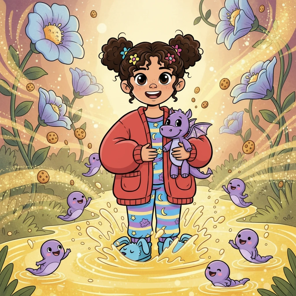 She zoomed through a river of sparkling lemonade, where friendly, giggling tadpoles waved hello. The air smelled of freshly baked cookies and the sweet scent of blooming moonflowers. Poppy felt a warm glow inside her, a feeling of pure happiness.