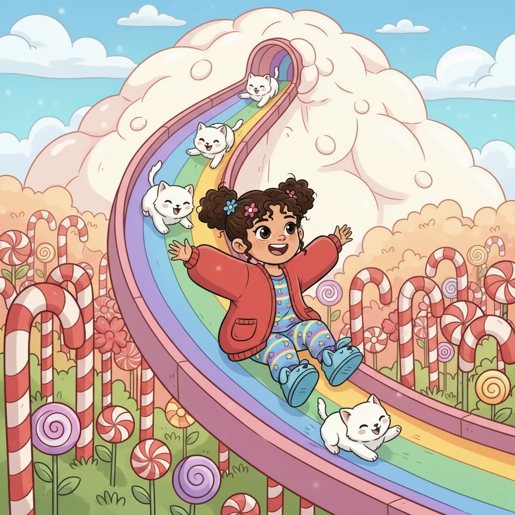 The journey continued through a candy-cane forest and over a marshmallow mountain. Poppy laughed as she slid down a rainbow slide with playful cloud-kittens. She felt like she could fly forever!