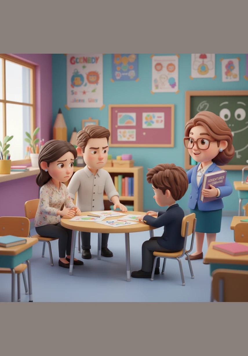 During a tense parent-teacher conference, Mr. Miller explains that Leo is falling behind despite his obvious intelligence in other subjects. Leo sits outside the door, his head hanging low as he hears the word unmotivated echo through the hallway.