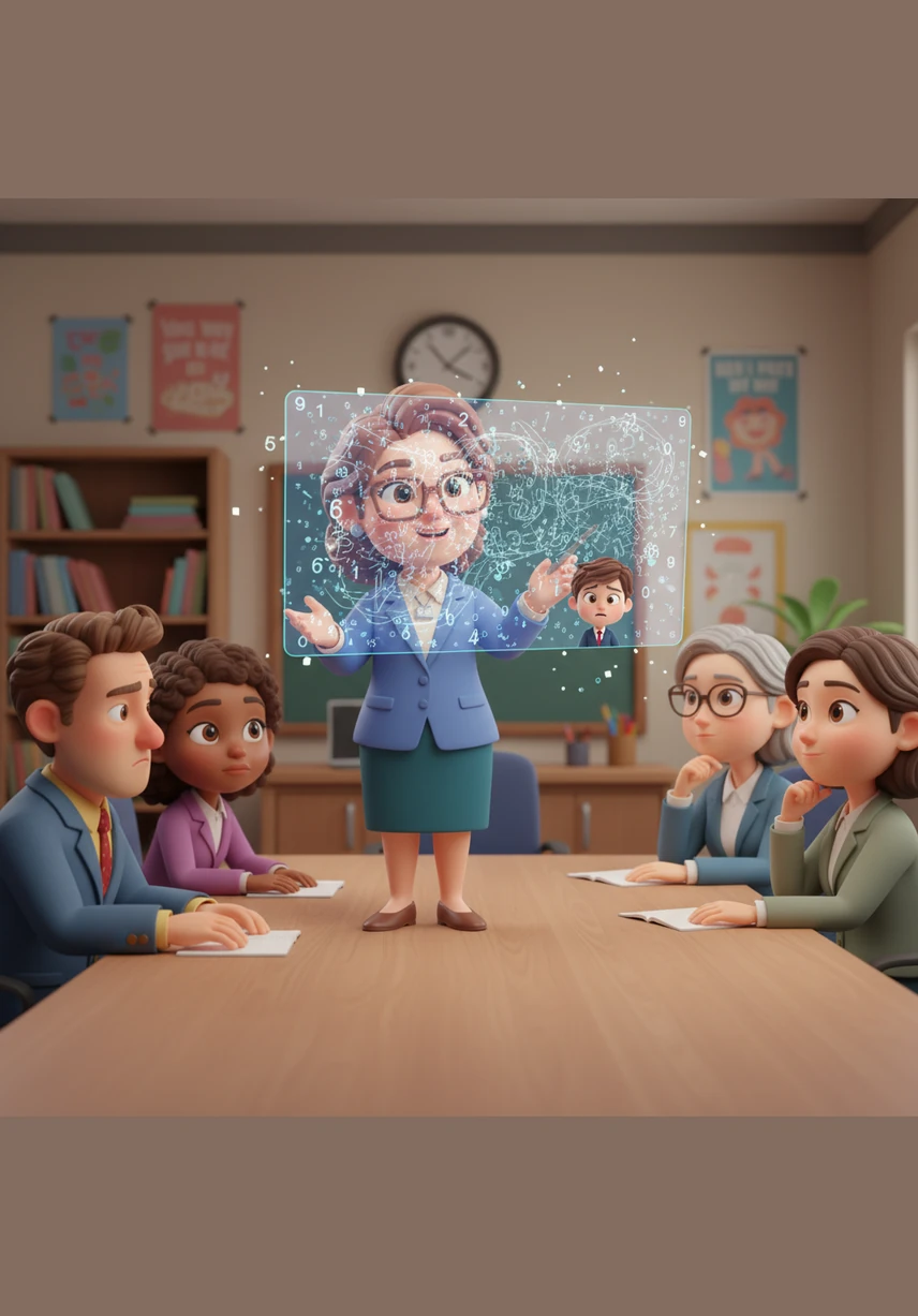 During a faculty meeting, Ms. Aris shares her new knowledge, explaining that Dyscalculia is a neurological difference in how the brain processes numerical information. She shows the staff that for students like Leo, numbers aren't just difficult; they are fundamentally confusing.